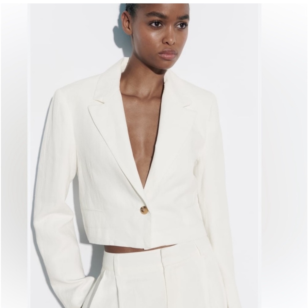 NWT Zara Linen Blend White Cropped Blazer Large